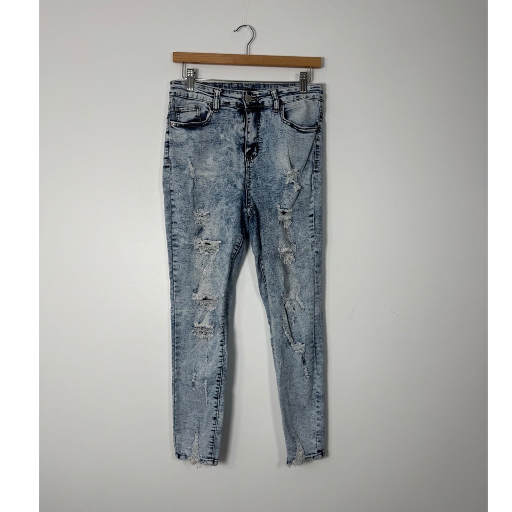 Grunge Elite Jeans Womens 11/12 Skinny Acid Wash Distressed Ripped Blue P20668